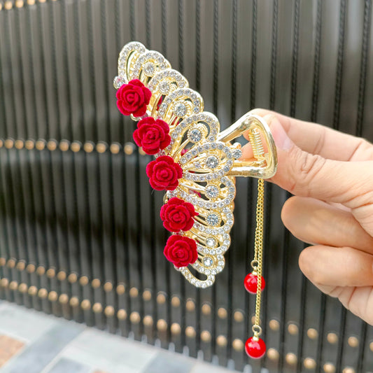 CROWN DESIGN RED ROSE FLOWERS LARGE HAIR CLIP