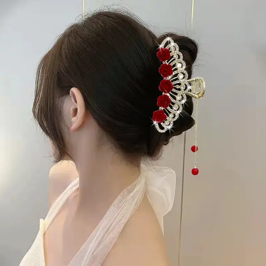 CROWN DESIGN RED ROSE FLOWERS LARGE HAIR CLIP