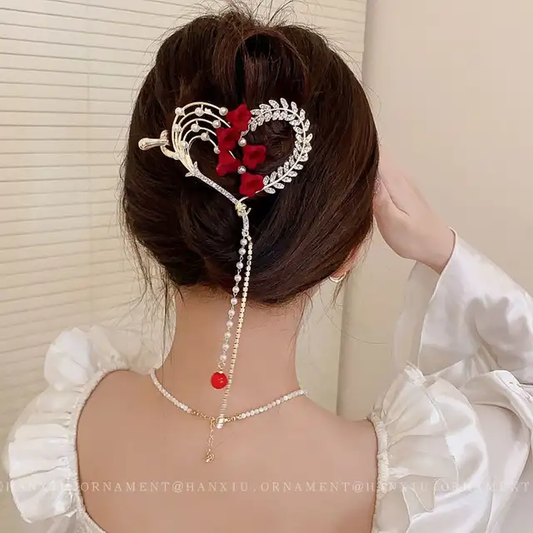 FENG.Y RED FLOWER HEART SHAPE  BANANA HAIR CLIP