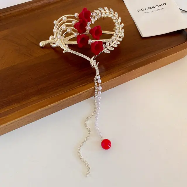 FENG.Y RED FLOWER HEART SHAPE  BANANA HAIR CLIP