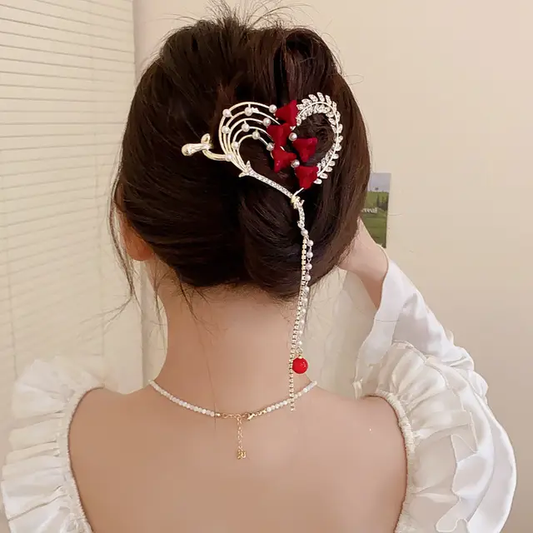 FENG.Y RED FLOWER HEART SHAPE  BANANA HAIR CLIP