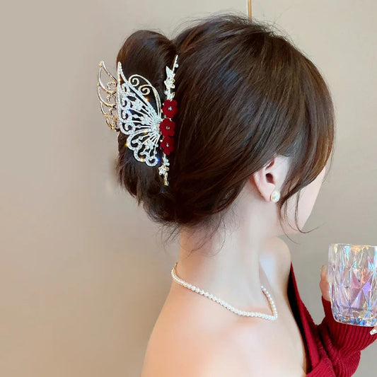 RED VELVET FLOWER LARGE HAIR CLIP