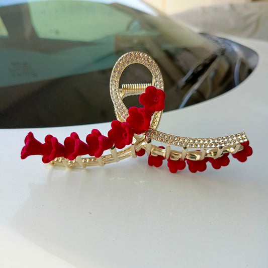 RED FLOWER LARGE RHINESTONE HAIR CLIP
